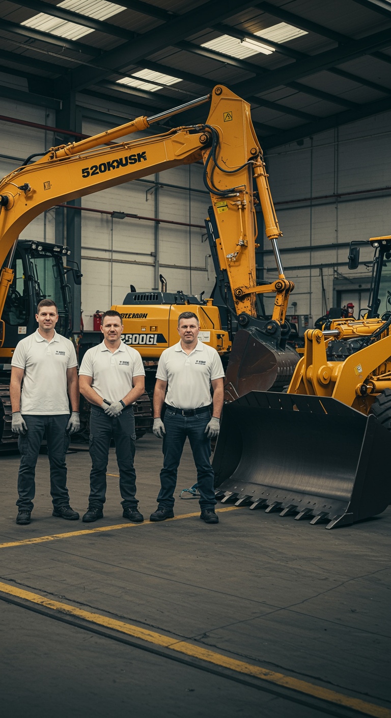 "Equipo de técnicos expertos en reparación de maquinaria industrial frente a excavadora y bulldozer en taller luminoso, con más de 20 años de experiencia."